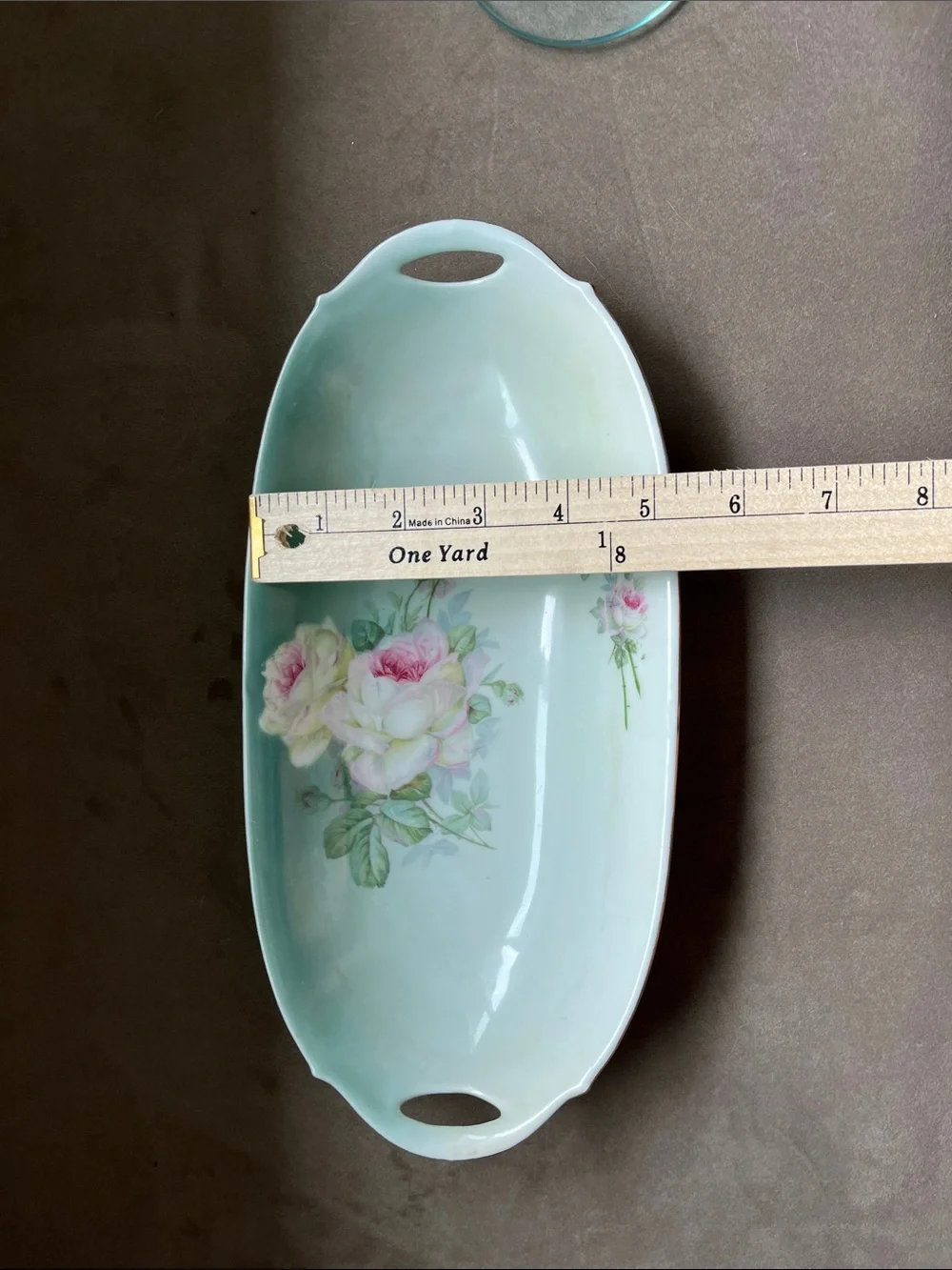 Floral Porcelain Celery Tray in Mint Green with Pink Rose Accents